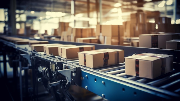 Cardboard boxes on conveyor for shipping Generative AI