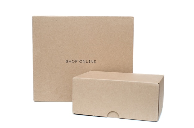 Cardboard boxes inscription online shop isolated