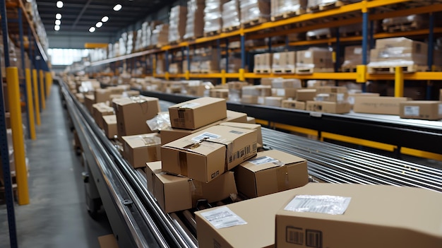 Cardboard boxes moving on a conveyor belt in a warehouse