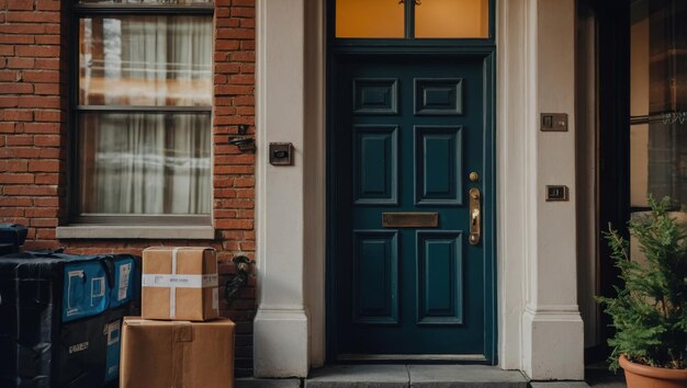 Photo cardboard boxes near door parcel delivery service