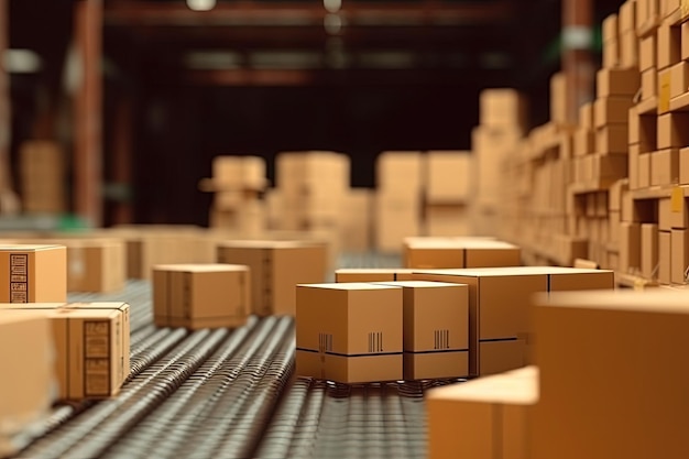 Cardboard boxes ride on the delivery conveyor parcels Generative AI