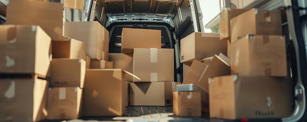 Cardboard boxes stacked in a courier car ready for the courier to deliver packages