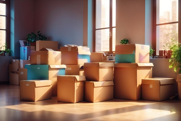 Cardboard boxes standing near the window ai generative