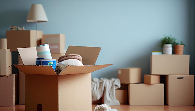 Cardboard boxes with belongings in new flat on moving