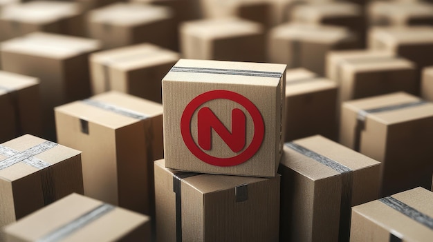 Photo cardboard boxes with a red 39no39 symbol signifying prohibition or restriction usage in logistics and shipping