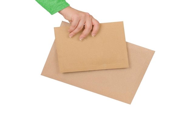 Cardboard envelopes in hands isolated on white