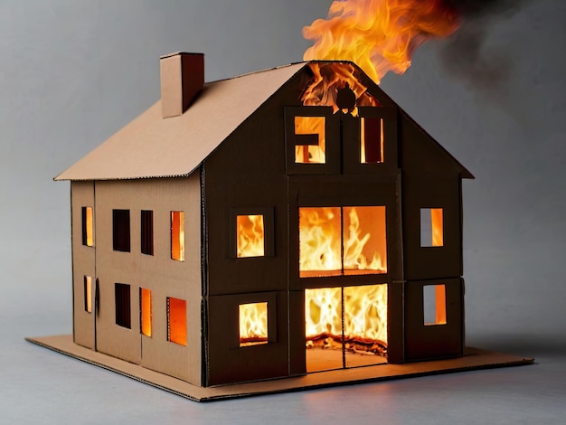 Photo a cardboard house on fire home property insurance isolated white background