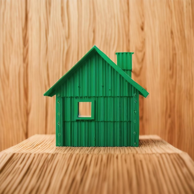 Cardboard house made of corrugated cardboard on a green background holo icon for design