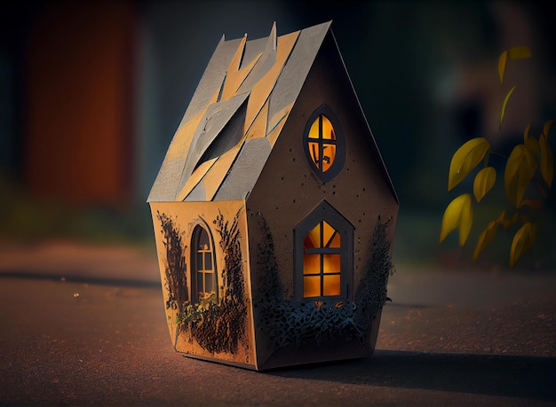 Cardboard house with luminous windows at night