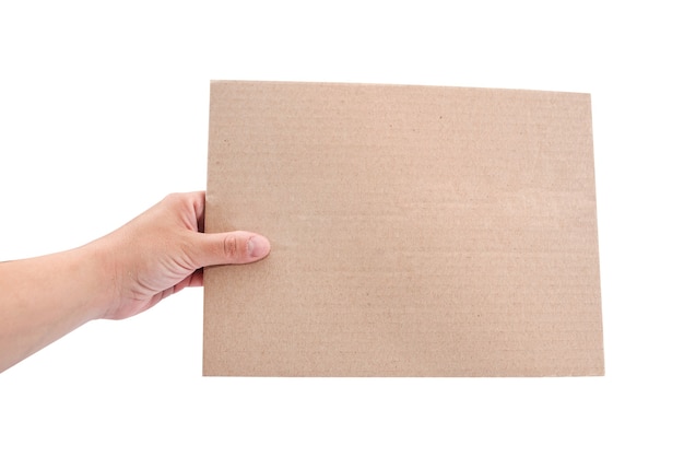 Cardboard sheet in the girl's hand isolated on white