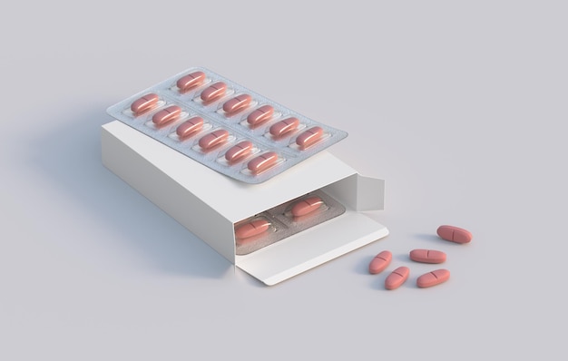 Cardbox packaging with two blisters with vitamin pills Mockup template 3d rendering