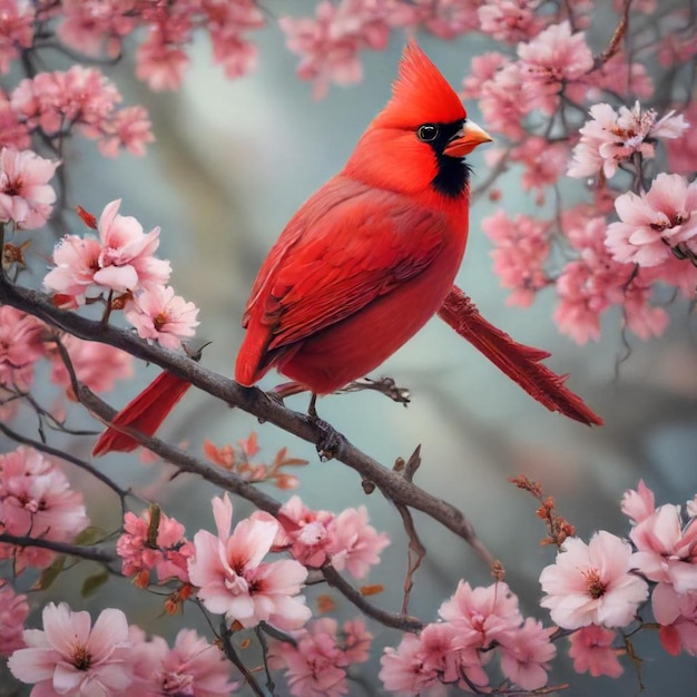 a cardinal sits on a branch with pink flowers