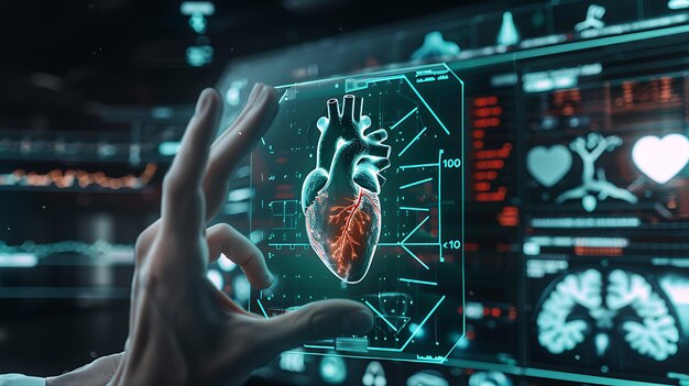 Photo cardiologist assesses patient heart health using advanced virtual diagnostic tools