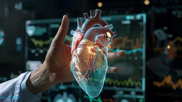 Photo cardiologist assesses patient heart health using advanced virtual diagnostic tools