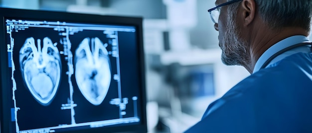 Photo cardiologist carefully examining and analyzing patient heart scan image on a medical monitor screen