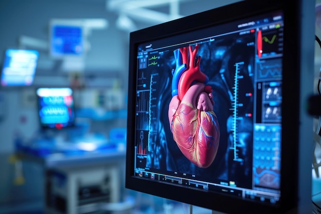 Cardiologist examines patient heart after heart attack using mri scan in intensive care unit room