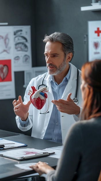 Photo cardiologist explaining heart health using anatomical models