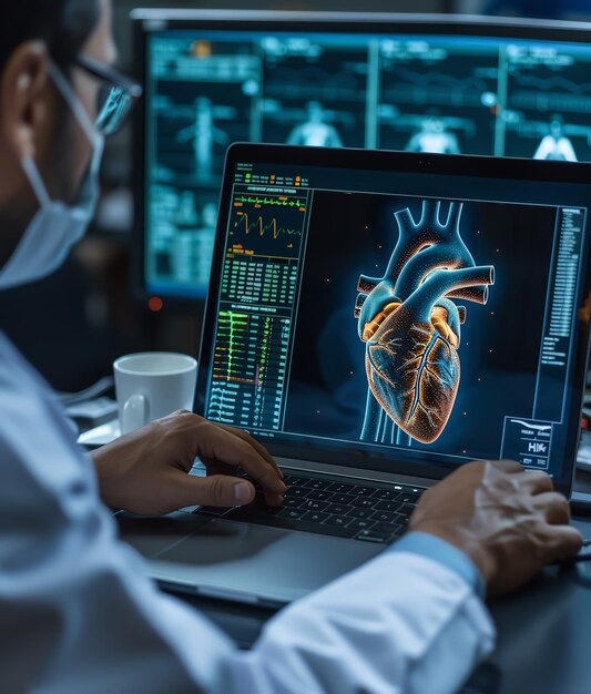 Photo cardiologist studying a highly detailed digital 3d model of the human heart on a computer screen