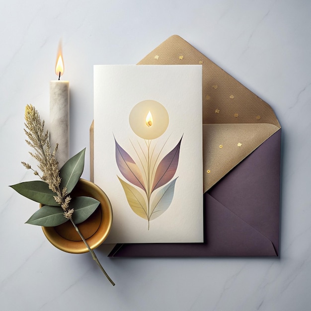 Cards and envelope on a marble table near eucalyptus branches and pebbles top viewWedding mockup