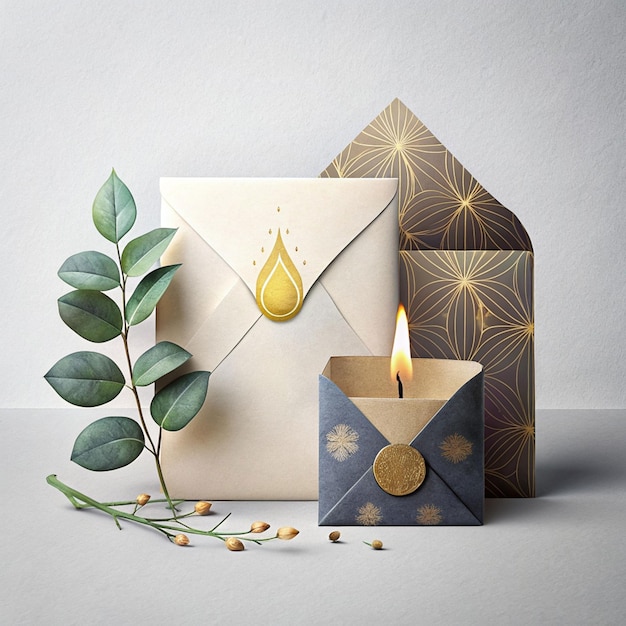 Cards and envelope on a marble table near eucalyptus branches and pebbles top viewWedding mockup