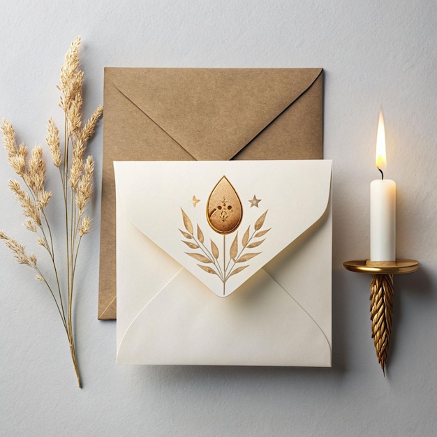 Cards and envelope on a marble table near eucalyptus branches and pebbles top viewWedding mockup