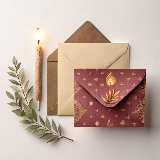 Cards and envelope on a marble table near eucalyptus branches and pebbles top viewWedding mockup