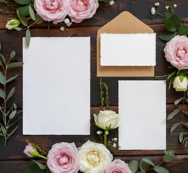 Cards and envelope between pink and cream roses on brown wood top view wedding mockup