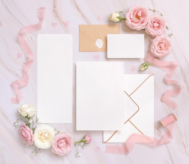 Cards and envelope between pink roses and pink silk ribbons on marble top view wedding mockup