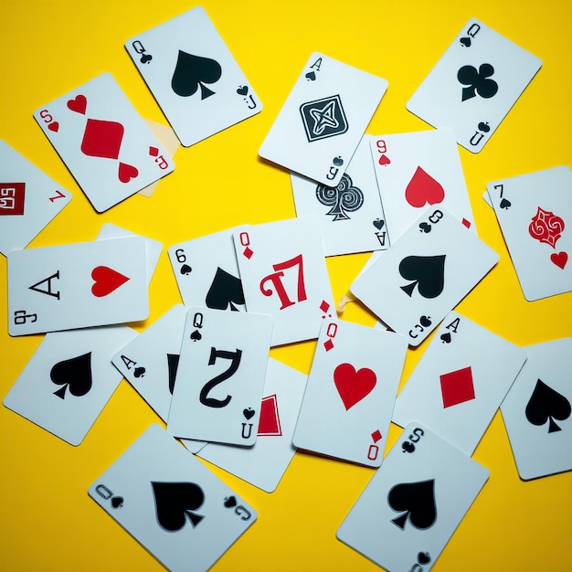 Photo cards scattered on a yellow background showing various suits and numbers