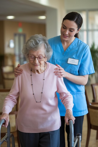 Care aide assists elderly woman warmly