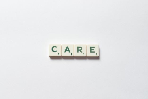 Care formed of scrabble blocks