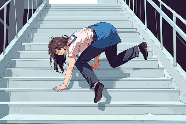 Career Failure Fall Accident of Woman Female Employee Climbing Stairs and Falling