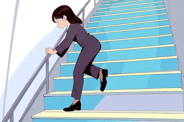 Career Failure Fall Accident of Woman Female Employee Climbing Stairs and Falling