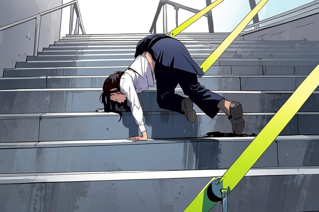 Career Failure Fall Accident of Woman Female Employee Climbing Stairs and Falling