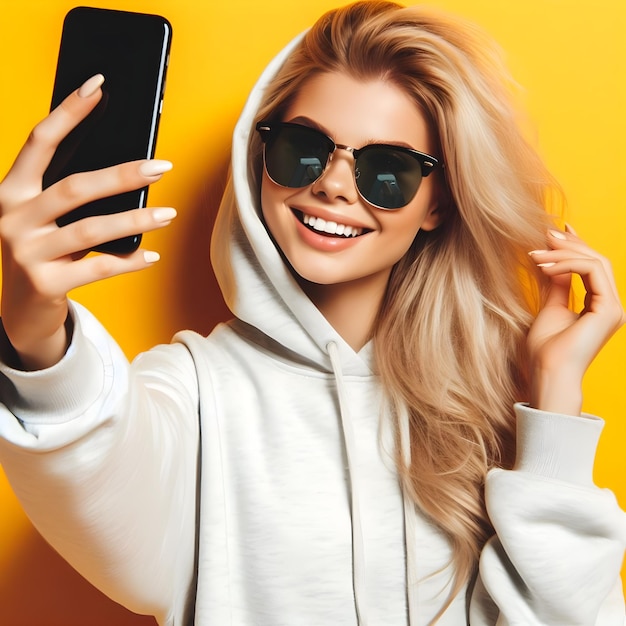 Carefree blonde young woman in hoodie and sunglasses making selfie with a smartphone yellow BG