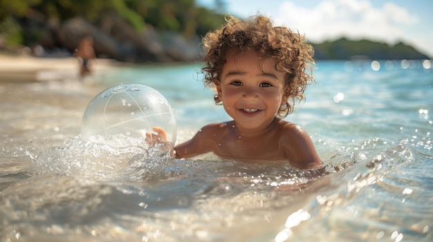 Carefree Child Playing with Beach Ball in Clear Blue Ocean on Sunny Day Nikon Z6 II Photography