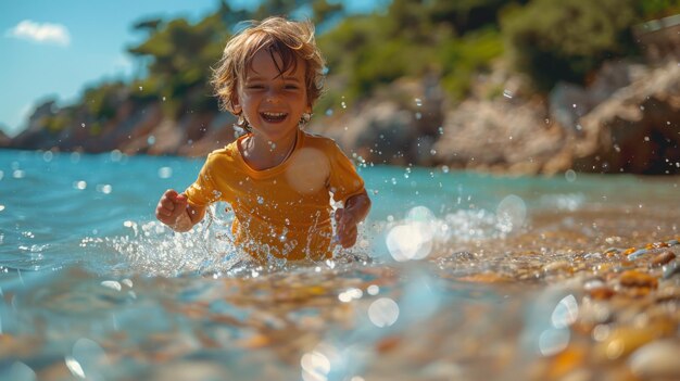 Carefree Child Running Along Sunny Shoreline Vibrant Photography with Nikon Z6 II 50mm F18 Lens