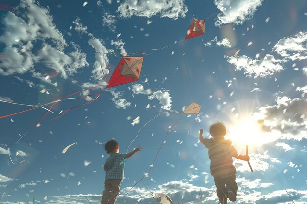 Photo carefree children flying kites on a breezy day oct