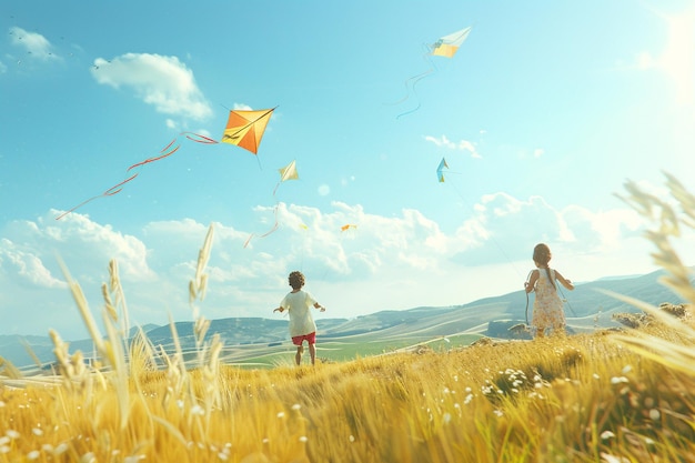 Carefree children flying kites in a vast field oct