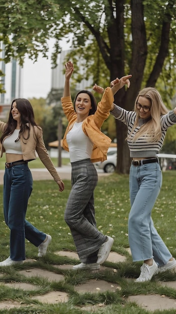 Photo carefree female friends dancing at park