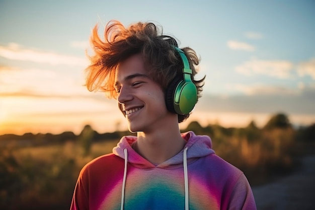 carefree gay teenager enjoying listening to his favorite song