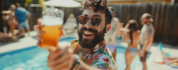 Carefree man is enjoying a beer and socializing with friends at a backyard pool party