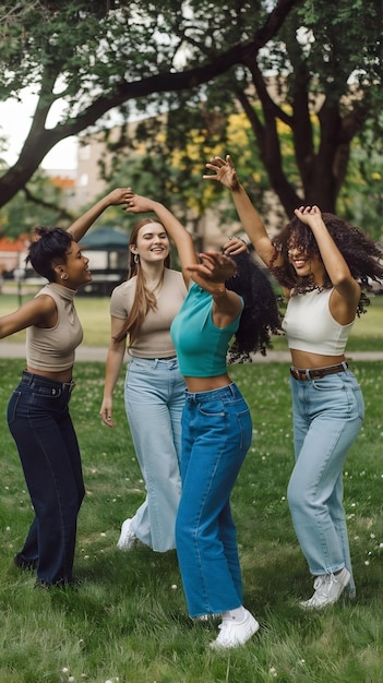 Photo carefree multiracial female friends dancing at park