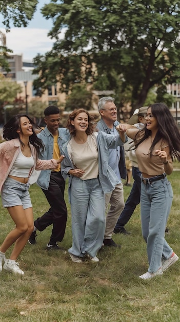 Carefree multiracial friends dancing at park