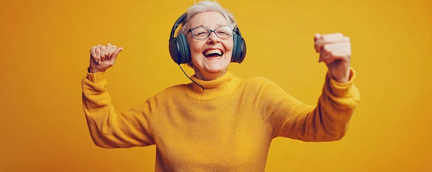 Photo carefree senior woman with headphones laughing and dancing while enjoying music on yellow background