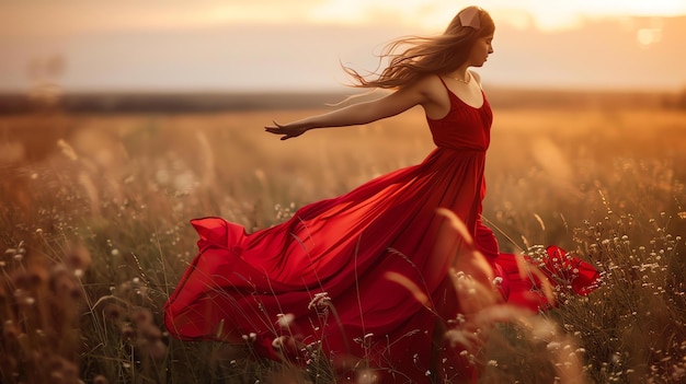 Carefree woman dancing in a field of flowers at sunset