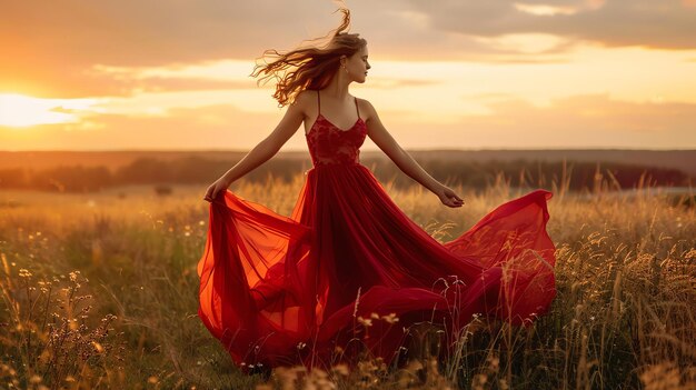 Carefree woman dancing in a field of wheat at sunset