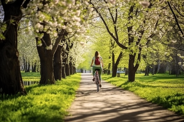 Carefree woman enjoys a bike ride through a lush green park embracing spring vitality