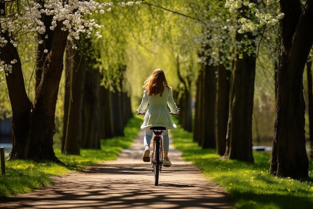 Carefree woman enjoys a bike ride through a lush green park embracing spring vitality