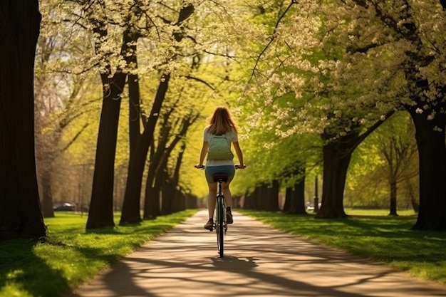 Carefree woman enjoys a bike ride through a lush green park embracing spring vitality